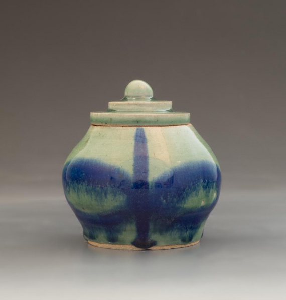Celadon jar with blue overglaze by Duncan Krey
