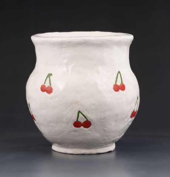 White coil pot with cherry pattern by Jimena De Dios