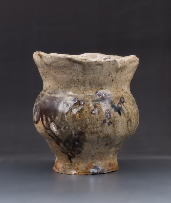 Coil pot, side-fired with shino glaze and wood ash