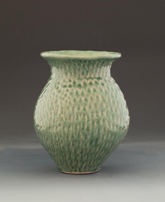 Carved celadon coil pot by Lilly Jones