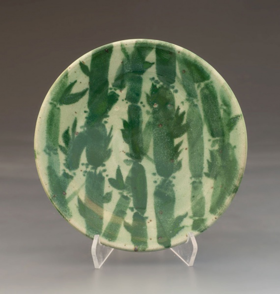 Celadon plate with brushwork by Natalie Hoffman