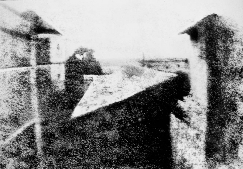 <p><b>Joseph Nicéphore Niépce</b>, <i>View from the Study Window</i>, 1826, heliograph on pewter plate</p>