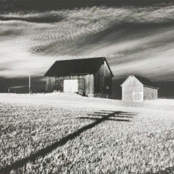 <p><b>Minor White</b>, <i>Two Barns and Shadow</i>, in the vicinity of Naples and Danseville, New York, 1955.</p>