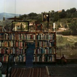 <p><b>Abelardo Morell</b>, <i>Camera Obscura - View Outside Florence with Bookcase</i>.</p>