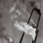 <p><b>Berenice Abbott</b>, <i>Smoke Stacks, Red River Logging Co., California</i>, 1943</p>