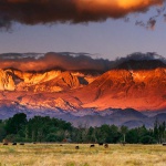 <p><b>Galen Rowell</b>, <i>Sunrise on the Eastern Sierra over Owens Valley Ranchland</i>, 2000.</p>