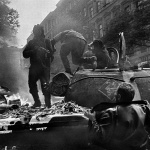 <p><b>Josef Koudelka</b>, <i>CZECHOSLOVAKIA. Prague. August 1968. Invasion by Warsaw Pact troops near the Radio headquarters.</i></p>