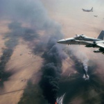 <p><b>Neil Leifer</b>, <i>Aerial of US Marine F-18 Hornet fighters flying over burning oil fields after the Gulf War. Kuwait 3/5/1991.</i></p>