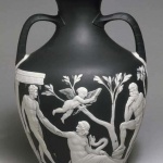 <p><b>Josiah Wedgwood and Sons</b>, <i>Portland vase</i>, 1840-60. A jasper-ware copy of the original cameo glass Portland Vase attributed to Dioskourides, a skilled Roman gem cutter, from circa 32 BC - 25 AD.</p>